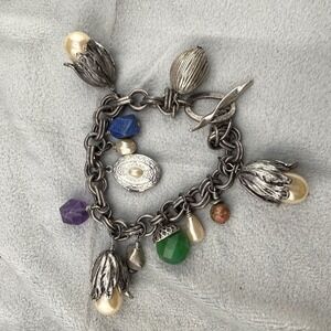 Vintage Charm Bracelet Polished Stone Locket Silver Tone 7"